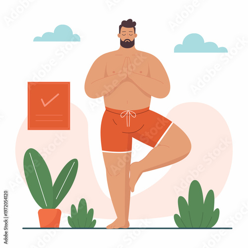 Bearded Man Practicing Tree Pose Yoga at Home for Balance and Mindfulness Illustration