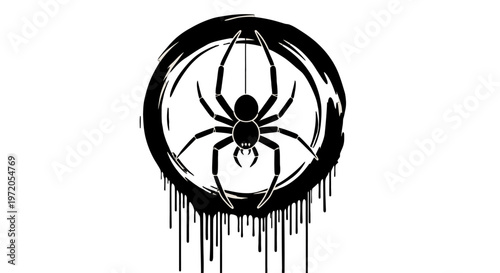 A black spider in a dripping web circle.