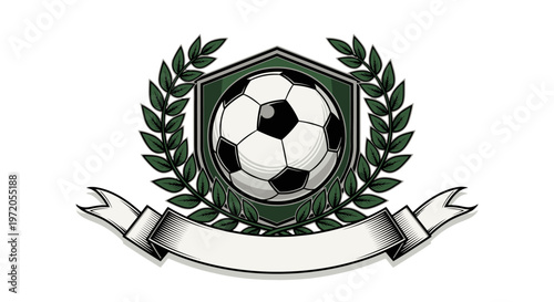 Soccer ball with laurel wreath emblem.