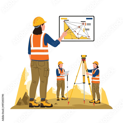 Skilled land surveyors and civil engineers collaborating on a project, analyzing topographic data and utilizing modern geodetic equipment for precise construction site planning and mapping