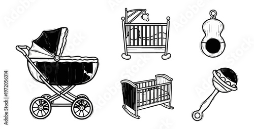 Baby items illustrations in white color on black background