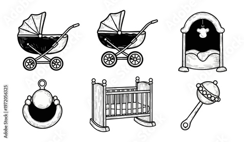 Baby items vector set stroller crib rattle teether isolated black background
