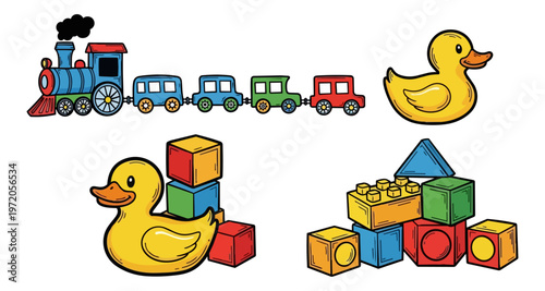Colorful toy train duck and building blocks on black background