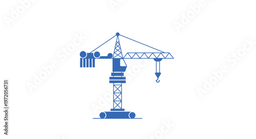Blue Construction Crane Silhouette on White Background, Isolated.