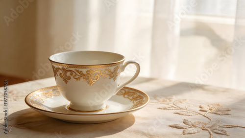 regularizing. Elegant white porcelain teacup with gold filigree patterns, soft window light highlighting delicate details. bar promotions.