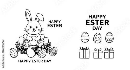 Easter poster and banner template with cute bunny eggs gifts and greetings vector isolated on white

