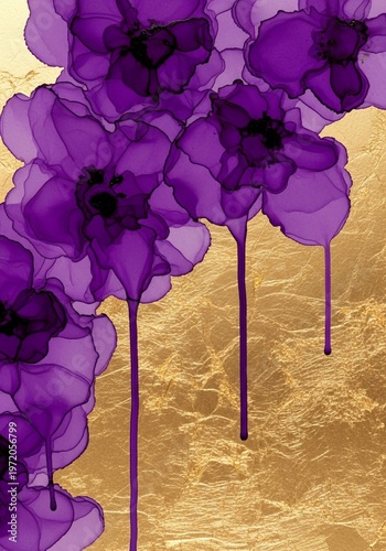 Abstract Purple Alcohol Ink Flowers with Dripping Paint on Textured Gold Foil Background