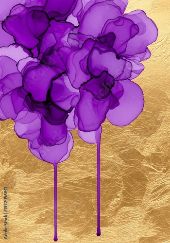 Abstract Purple Alcohol Ink Flowers with Dripping Paint on Textured Gold Foil Background