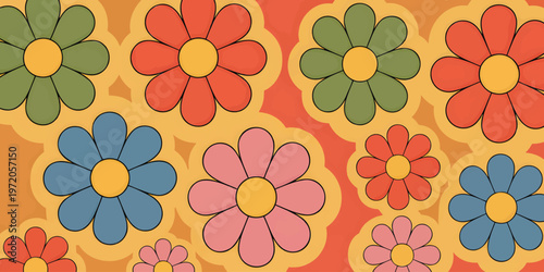 Groovy 60s Flower Power Background with Daisies