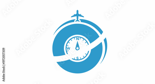Blue Globe Compass with Airplane Icon for Travel and Navigation.