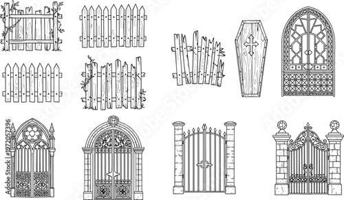 Gothic cemetery gate and fence vector set, spooky wooden picket fences, haunted iron gates, coffin illustration, hand drawn cemetery elements isolated on white background,