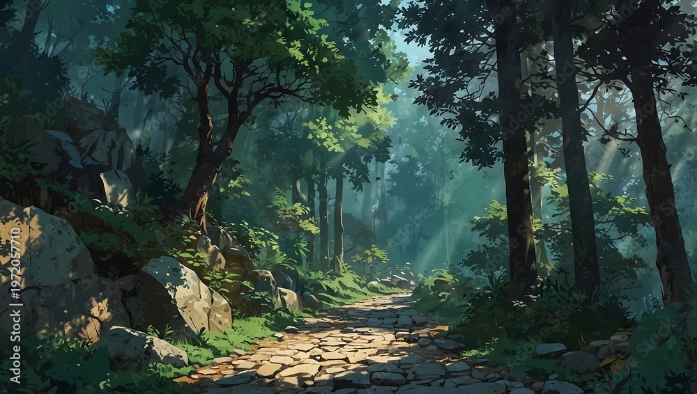 Fototapeta premium Peaceful Forest Path Anime Scenery Illustration