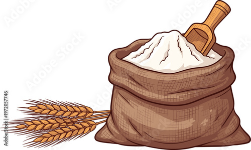 Wheat flour in burlap sack vector illustration, bag of white flour with wooden scoop and wheat ears, bakery ingredient isolated on white background,