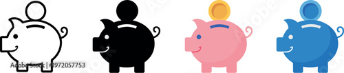 Piggy bank icons simple line and flat vector set piggybank baby pig money savings isolated white background