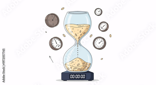 Hourglass with sand flowing, surrounded by clocks and timers, symbolizing the passage of time and urgency.