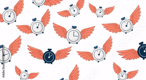 Seamless pattern of flying alarm clocks with orange wings on a white background, representing time passing quickly.