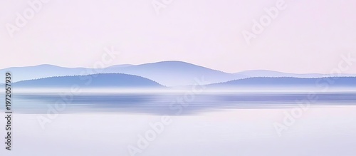 Serene Blue Mountain Range Reflected in Calm Water, Minimalist Landscape