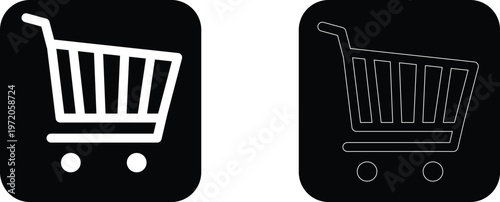 Set of Flat and Outline Shopping Cart Icons in Black Rounded Squares for E-commerce Apps and Retail Signage