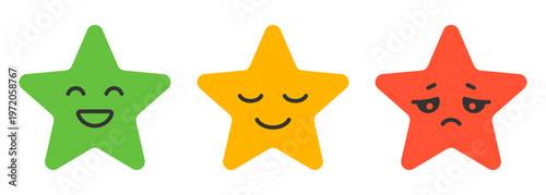 Customer feedback rating stars with emotions happy neutral sad colorful evaluation scale user experience review satisfaction concept vector illustration for app interface survey and quality assessment