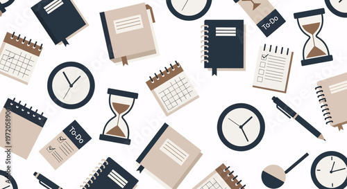 Efficient time management and countdown concept background: seamless pattern with calendars, clocks, hourglasses, notebooks, and planners.