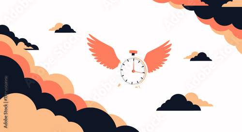 Dynamic illustration of a winged clock soaring through a stylized sky, symbolizing rapid time passage, urgent deadlines, and efficient time management strategies.