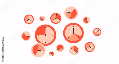 Dynamic visual of various red and white clocks representing countdown, effective time management, deadlines, and the concept of passing time.
