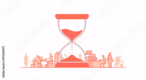 Time Management Countdown: Office Workers Under Pressure as Sand Drains in a Giant Hourglass – Deadline Urgency and Productivity Concept