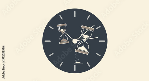 Visualizing time management and countdown with two hourglasses on a spinning clock, representing deadlines, productivity, and the passage of time.