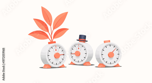Three alarm clocks symbolizing time management and countdown, with one featuring a plant and another a top hat