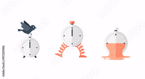 Creative Flat Design Stopwatch Icons: Bird on Top, Spring Legs, Melting Time - Time Management Concept