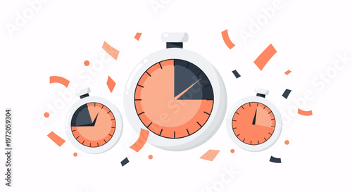 Dynamic Time Management and Countdown Illustration Featuring Multiple Stopwatches and Festive Confetti for Deadlines and Productivity