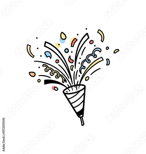 Celebratory party popper illustration with confetti on black background