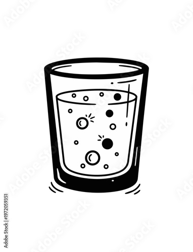 Clear glass beverage with bubbles on black background