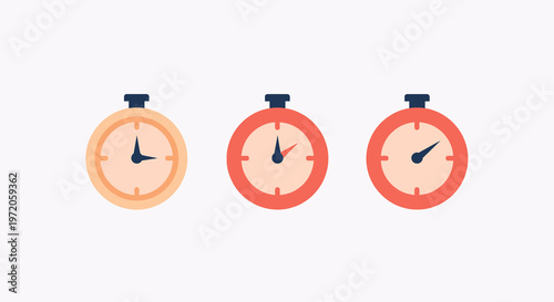 Set of three colorful flat design stopwatches illustrating a countdown, effective time management, and the concept of approaching deadlines for projects and tasks.
