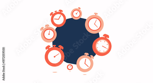 Alarm clocks arranged in a circle around a dark blue circle, symbolizing time management and countdowns