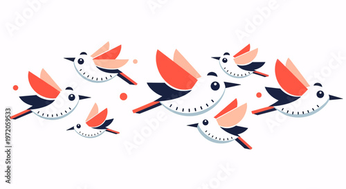 Flock of stylized birds flying in formation, symbolizing teamwork, progress, and efficient time management.