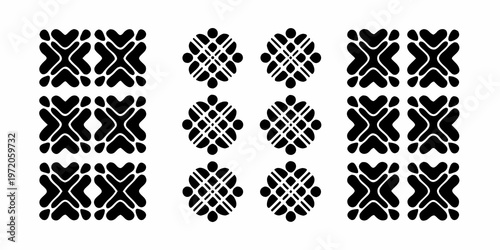 Geometric patterns arranged in rows a black and white design