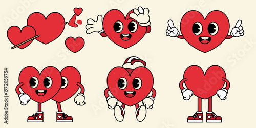 Animated hearts with faces and limbs expressing love and positive emotions
