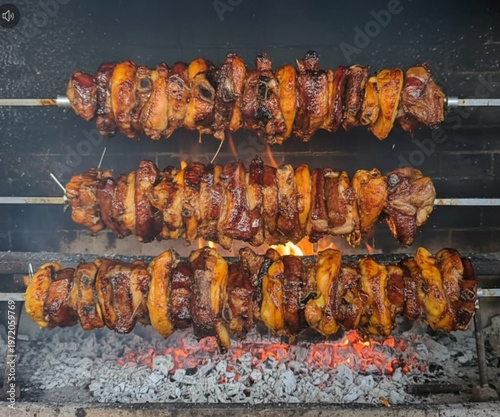 Mixed meats roasting on a rotisserie over glowing coals