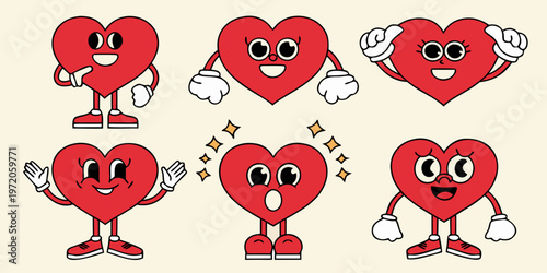 Charming cartoon hearts with faces and hands express various joyful emotions