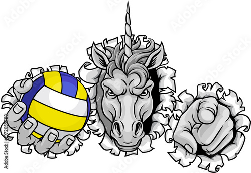 Unicorn horse stallion angry volleyball sports team mascot holding a ball.