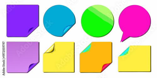 Colorful sticky notes and paper shapes with slightly peeled corners