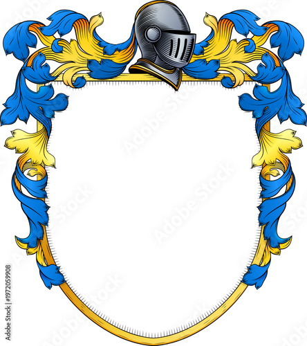 A coat of arms or crest family heraldry medieval heraldic knight shield with helmet and acanthus filigree scroll ornament in a vintage woodcut style.