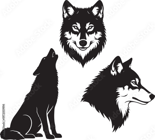 Set of wolf silhouettes isolated. Sticker, print or tattoo design vector illustration. Pagan totem, wiccan familiar spirit art