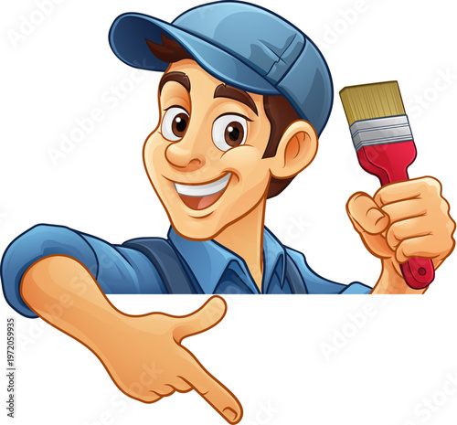 A painter decorator handyman cartoon mascot man holding a paint brush and pointing