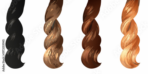 Four braided hair strands showcasing diverse shades and textures