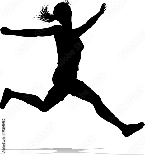 A happy woman jumping for j...