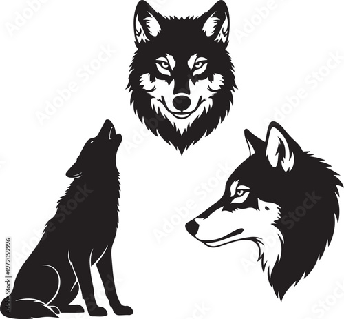 Set of wolf silhouettes isolated. Sticker, print or tattoo design vector illustration. Pagan totem, wiccan familiar spirit art