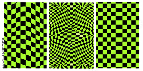 Three distorted checkerboard panels in vibrant green and black hues