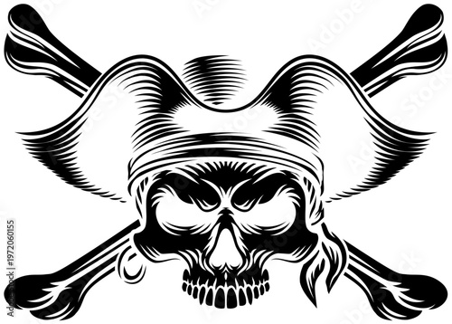 Pirate skull crossbones wearing a tricorn captain hat with crossing bones. In a vintage retro woodcut style.